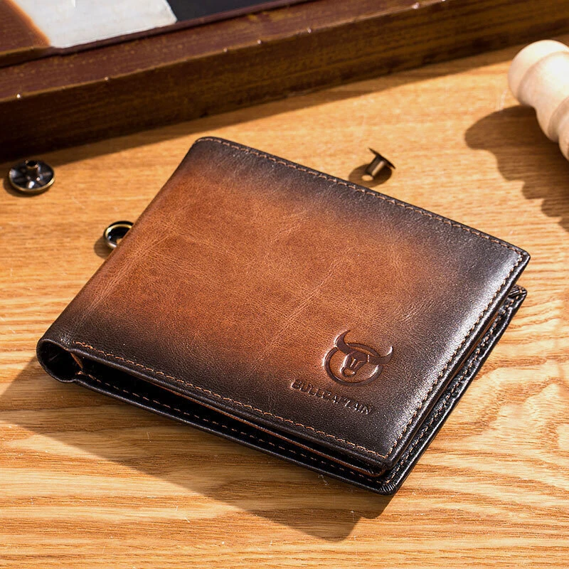 BULLCAPTAIN Genuine Leather RFID Blocking Wallet for Men, Retro Thin Short Multi-functional ID Credit Card Holder Multiple Card Slots Purse with Gift Box, Gifts To Mens Birthday (image for) BULLCAPTAIN Genuine Leather RFID Blocking Wallet for Men, Retro Thin Short Multi-functional ID Credit Card Holder Multiple Card Slots Purse with Gift Box, Gifts To Mens Birthday